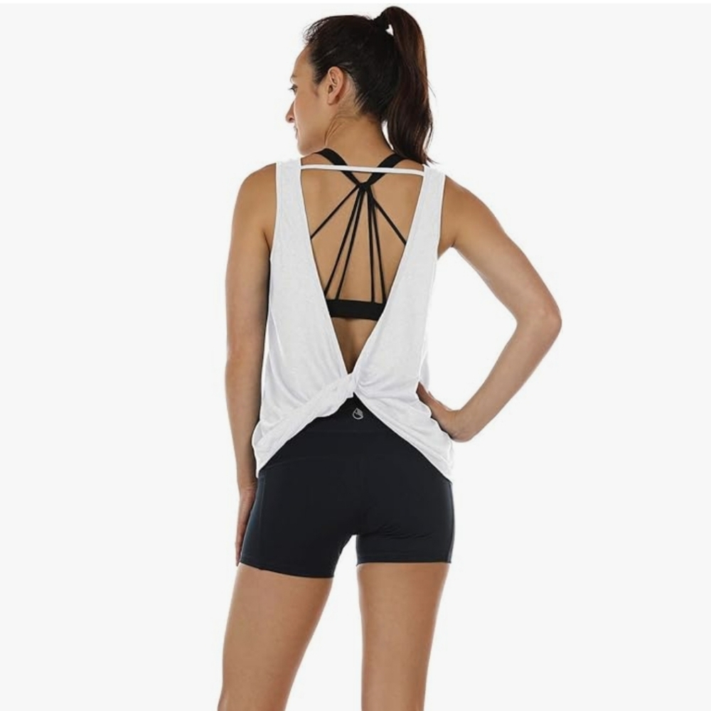 Icyzone White Twist Backless Athletic Work Out Tank Top Womens Medium
